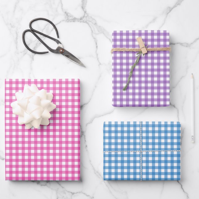 Cute Pink Purple Blue Gingham Pattern Wrapping Paper Sheet (Front)