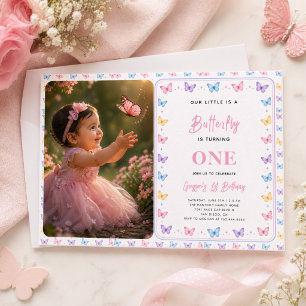 Cute Pink Purple Butterfly 1st Birthday for Girls Invitation