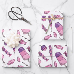 Cute Pink & Purple Candy Popsicle Sweet Treats Wrapping Paper Sheet
