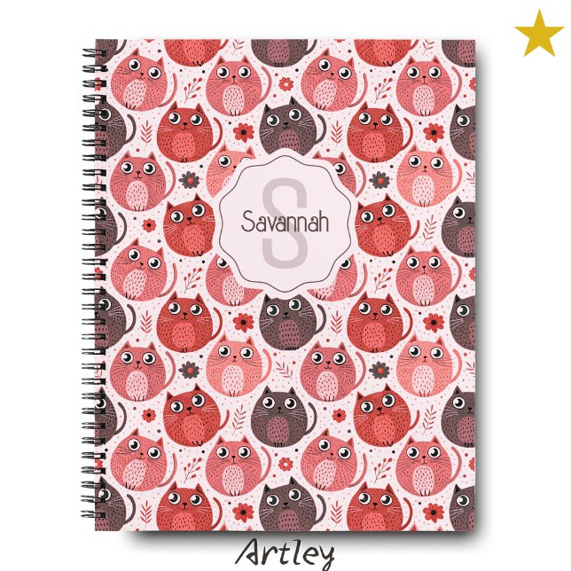 Cute Pink Purple Cat Polka Dot Name Monogram Notebook (Creator Uploaded)