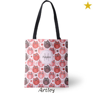Cute Pink Purple Cat Polka Dot Name Monogram Tote Bag
