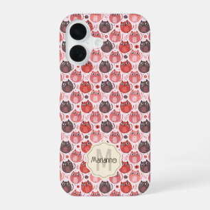 Cute Pink Purple Cat Polka Dots Name Monogram iPhone 16 Case