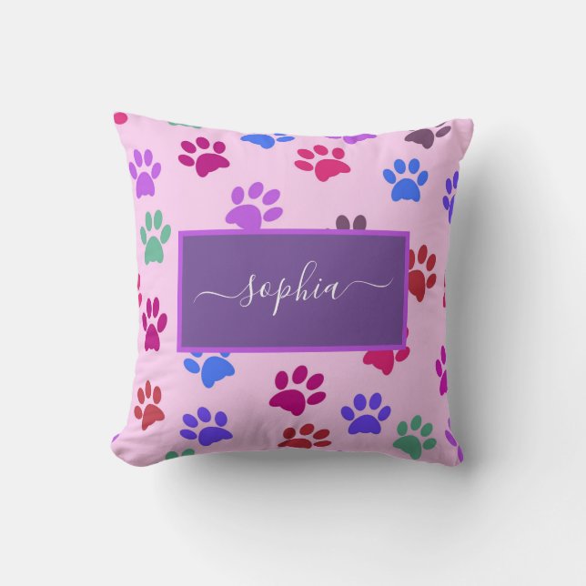 Cute Pink Purple Dog Cat Lovers Paw Prints Name Cushion (Front)