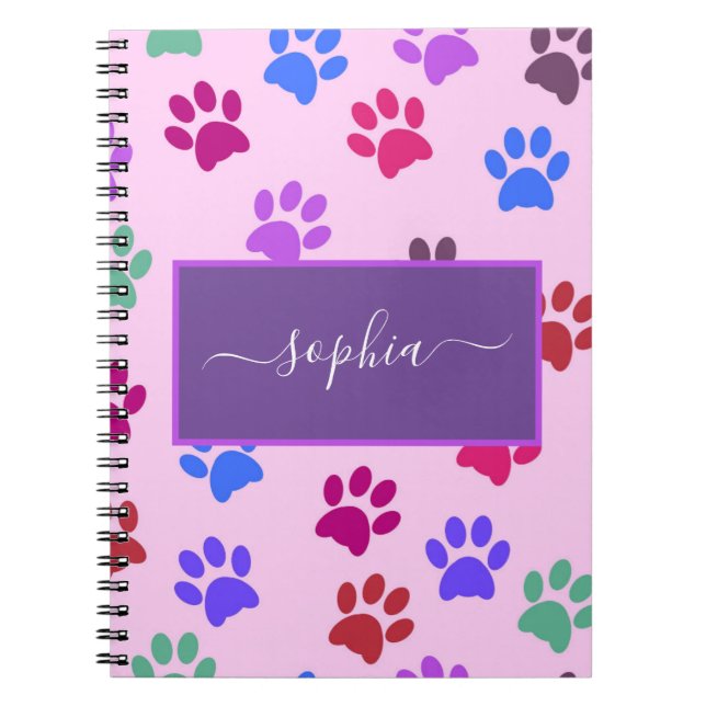 Cute Pink Purple Dog Cat Lovers Paw Prints Name Notebook (Front)