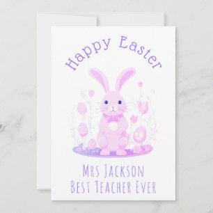 Cute Pink Purple Easter Bunny Preschool Teacher Holiday Card