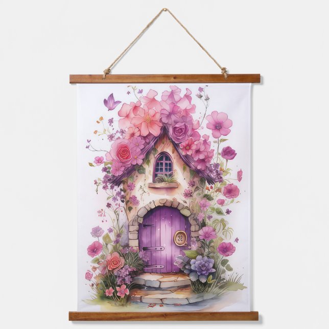 Cute pink & purple floral fairy door  hanging tapestry (Front)