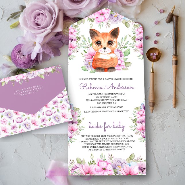 Cute Pink Purple Floral Kitten Baby Shower All In One Invitation (Creator Uploaded)