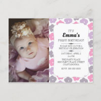 Cute Pink Purple Flowers Little Girl 1st Birthday