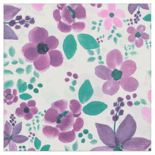 Cute Pink & Purple Flowers Watercolor Painting Fabric