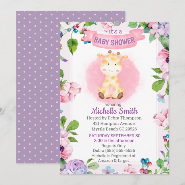 Cute Pink Purple Giraffe Floral Baby Shower    Invitation (Front/Back)