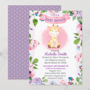 Cute Pink Purple Giraffe Floral Baby Shower    Invitation