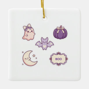 Cute Pink Purple Halloween Ghost Bat Pumpkin Moon Ceramic Ornament