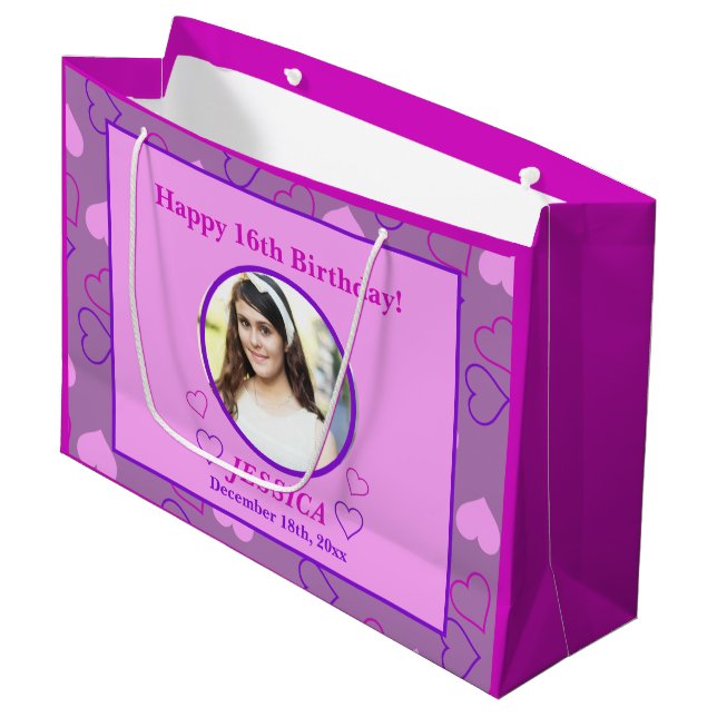 Cute Pink Purple Hearts 16th Birthday Custom Photo Large Gift Bag (Front Angled)