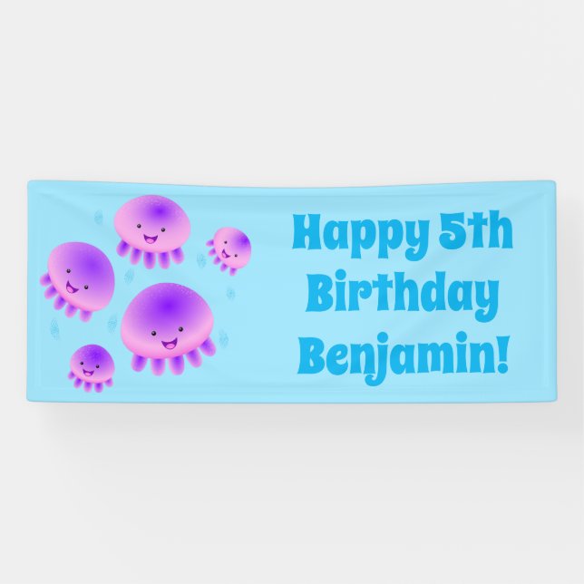 Cute pink purple jellyfish kawaii cartoon banner (Horizontal)