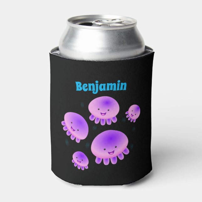 Cute pink purple jellyfish kawaii cartoon can cooler (Can Front)