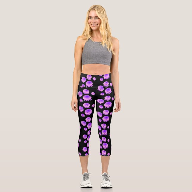Cute pink purple jellyfish kawaii cartoon capri leggings (Front)