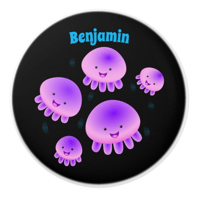 Cute pink purple jellyfish kawaii cartoon ceramic knob (Front)