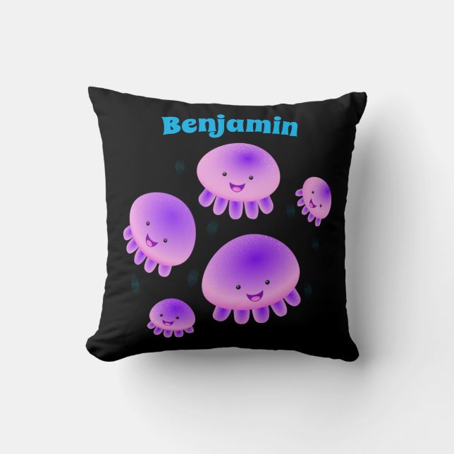 Cute pink purple jellyfish kawaii cartoon cushion (Front)