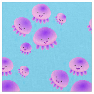 Cute pink purple jellyfish kawaii cartoon fabric