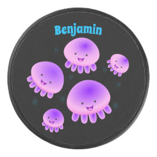 Cute pink purple jellyfish kawaii cartoon hockey puck