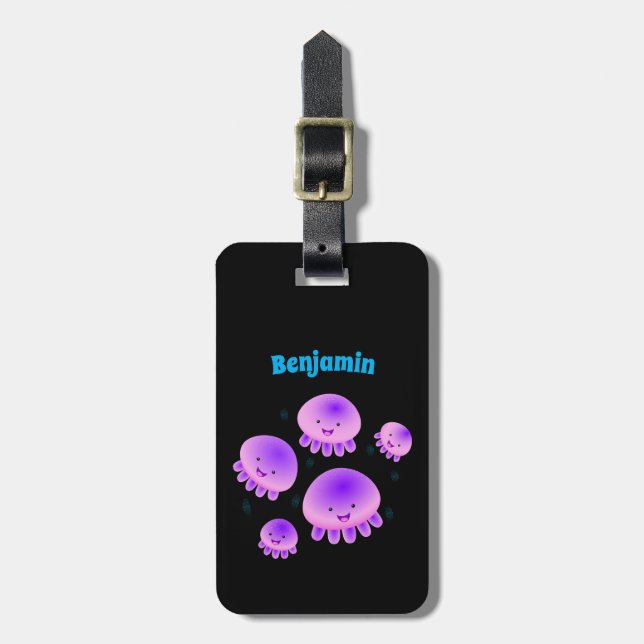 Cute pink purple jellyfish kawaii cartoon luggage tag (Front Vertical)