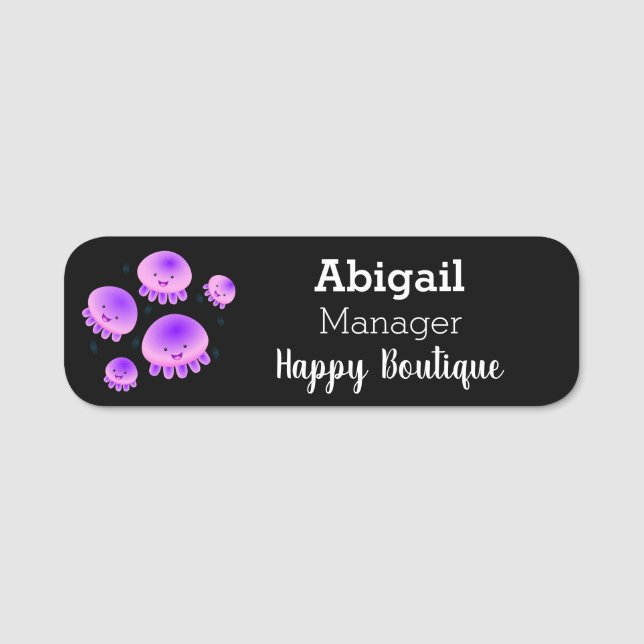 Cute pink purple jellyfish kawaii cartoon  name tag (Front)