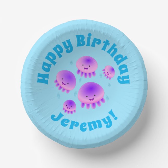 Cute pink purple jellyfish kawaii cartoon paper plate (Front)