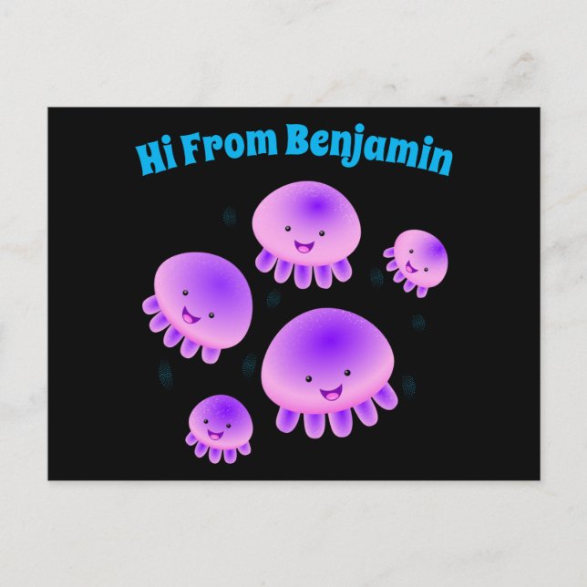 Cute pink purple jellyfish kawaii cartoon postcard (Front)