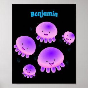 Cute pink purple jellyfish kawaii cartoon poster