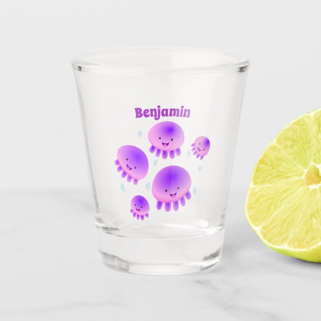 Cute pink purple jellyfish kawaii cartoon  shot glass (Front)