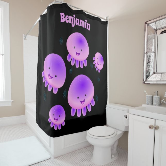 Cute pink purple jellyfish kawaii cartoon shower curtain (In Situ)