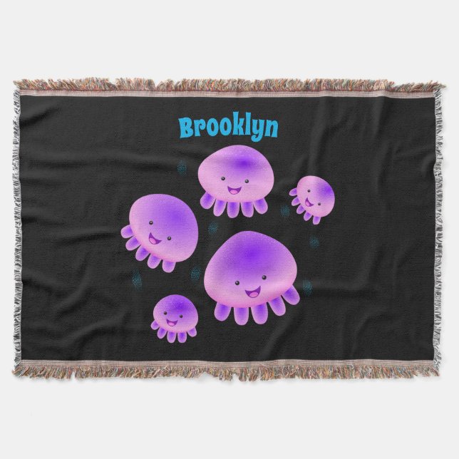 Cute pink purple jellyfish kawaii cartoon throw blanket (Front)