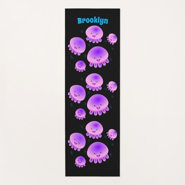 Cute pink purple jellyfish kawaii cartoon yoga mat (Front)