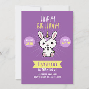 Cute Pink Purple Kawaii Unicorn 2nd Birthday  Invitation