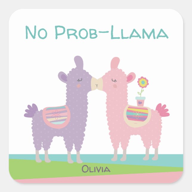 Cute pink purple llama kissing kawaii girly school square sticker (Front)
