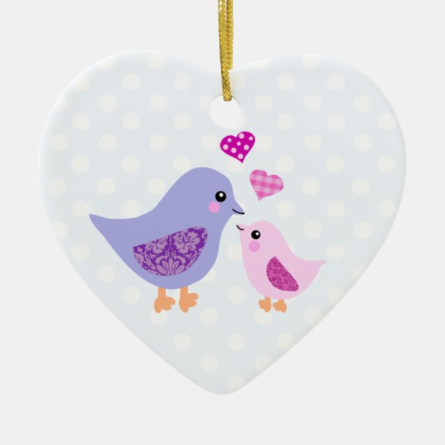 Cute pink & purple mother and child birds ceramic tree decoration (Front)