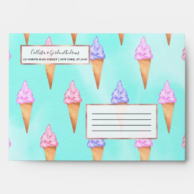 Cute Pink Purple Summer Ice Cream Cones Watercolor Envelope (Front)