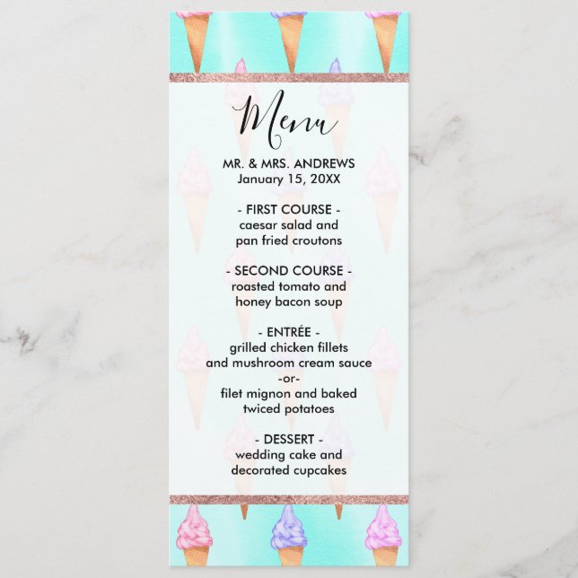 Cute Pink Purple Summer Ice Cream Cones Watercolor Menu (Front)