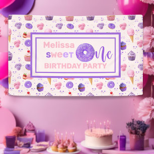 Cute Pink Purple Sweet One Birthday Party Banner