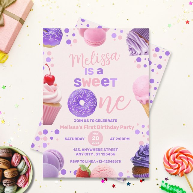 Cute Pink Purple Sweet One Girl's 1st Birthday Invitation (Creator Uploaded)