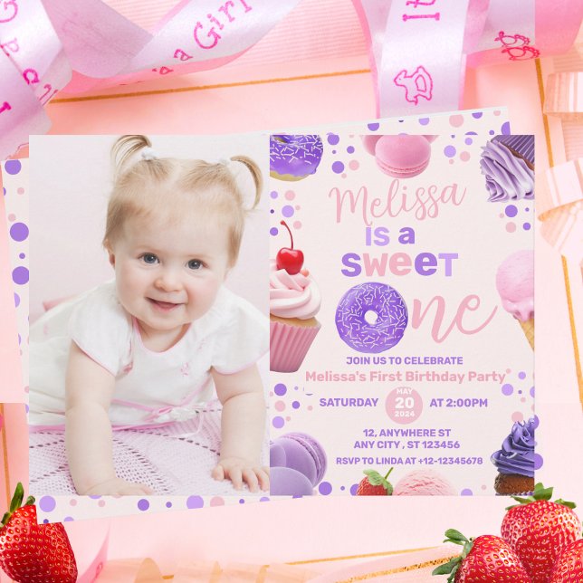 Cute Pink Purple Sweet One Girl's Birthday Photo Invitation (Creator Uploaded)