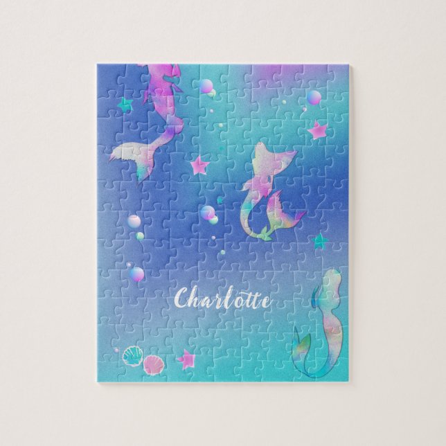 Cute Pink Purple Teal Mermaids Girly Personalised Jigsaw Puzzle (Vertical)