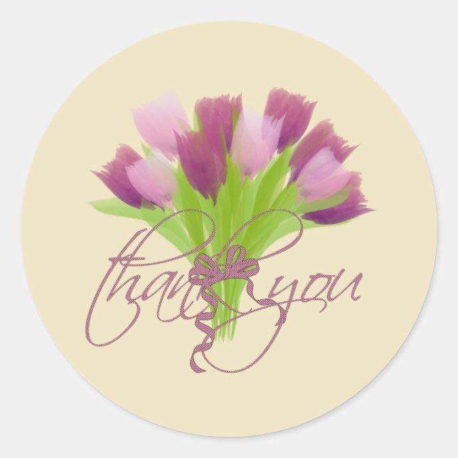 Cute Pink & Purple Tulips Thank You Classic Round Sticker (Front)