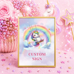 Cute Pink Purple Unicorn Girl Birthday Tabletop Si Poster