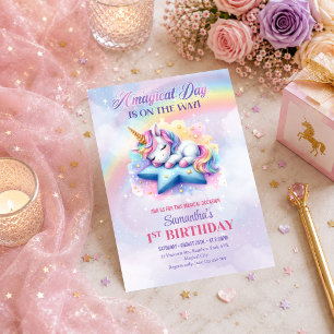 Cute Pink Purple Unicorn Magical Day Party Invite