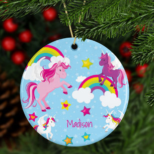 Cute Pink Purple Unicorns and Rainbows Christmas Ceramic Tree Decoration