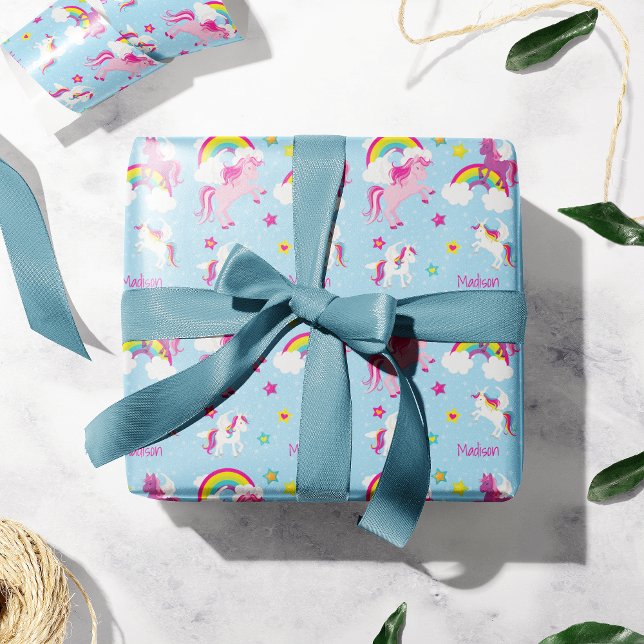 Cute Pink Purple Unicorns and Rainbows Girls Wrapping Paper (Creator Uploaded)
