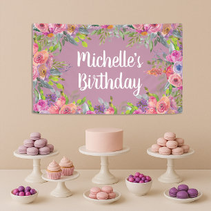 Cute Pink Purple Watercolor Floral Birthday  Banner