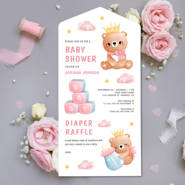 Cute Pink Queen Teddy Bear Girl Baby Shower All In One Invitation (Creator Uploaded)