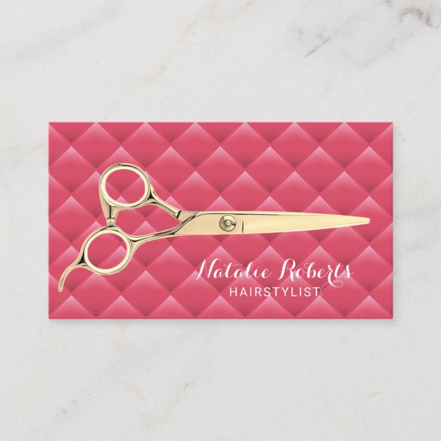 Cute Pink Quilted Gold Scissor Hair Stylist Salon Business Card (Front)